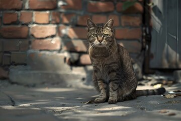 Poster - AI-generated illustration of a feline near a brick building