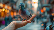 AI generated illustration of a pigeon perched on a person's hand in the city
