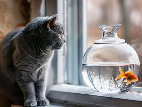 AI generated illustration of a cat gazing at a fish bowl through a window