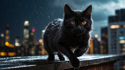 Wall Mural - black cat on roof of building at night with city skyline in the background