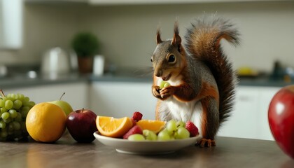 Canvas Print - AI generated illustration of a Squirrel perched on a windowsill beside fruit