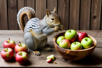 Canvas Print - AI generated illustration of a Squirrel perched on a windowsill beside fruit