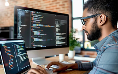 Man typing on computer in bright home office - web developer, remote programming work, software engineering.