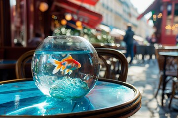 AI generated illustration of a water-filled fish bowl on a restaurant table