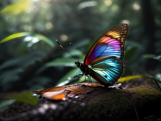 Sticker - Iridescent exotic butterfly on a rainforest background.