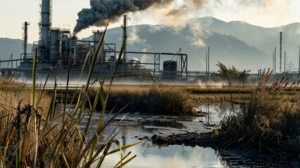 Sticker - AI generated illustration of a factory with smokestacks emitting black smoke, surrounded by trees