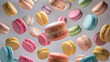 A collection of multi-colored macarons with pastel hues suspended whimsically in the air against a subtle, pale grey backdrop, forming an enchantingly dynamic and free-floating arrangement.