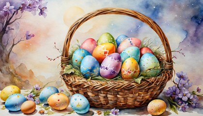 Wall Mural - AI generated illustration of a basket filled with colorful Easter eggs in watercolor