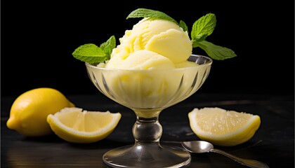 Refreshing and tangy lemon sorbet in a cup on top with mint, cinematic food dessert photography 