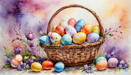 Wall Mural - an illustration of a basket full of eggs and flowers on a purple background