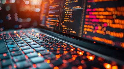 AI generated illustration of a computer keyboard with colorful code on the screen