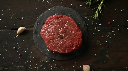 Wall Mural - Fresh and Juicy Raw Beef Steak on dark wooden table background, Top View for an Up-Close Look