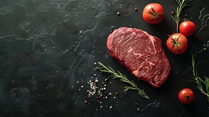 Wall Mural - Fresh and Juicy Raw Beef Steak on dark wooden table background, Top View for an Up-Close Look