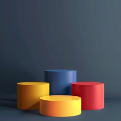 Wall Mural - Set of 3D background with yellow, dark blue and red realistic cylindrical podium. Abstract vector 3D rendering. generative ai