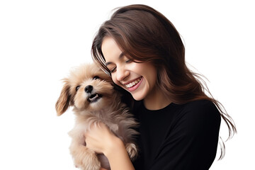 Wall Mural - A young woman has fun playing with a pet. Isolated on transparent background.