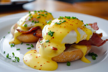 Wall Mural - tasty eggs benedict, fried egg and ham on a toast on a plate with salad for breakfast, poached egg, floating yolk