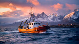 Fishing ship boat on Norway sea water, Scandinavian snowy ice mountains landscape, Nordic island winter ocean adventure. North tourism journey, Sweden arctic transport sunset