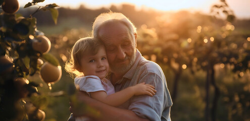 Wall Mural - Grandfather or grandpa holding his little granddaughter, old senior pensioner man hugging his female grandchild outdoors in nature during sunset. Happy family relationship, generation love