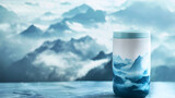 Fototapeta  - Travel mug placed on surface with foggy misty and cloudy morning rocky mountains range in the background, copy space. Hiking adventure tourism landscape, traveler recreation activity