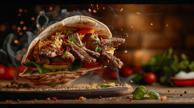 fresh grilled beef turkish or chicken arabic shawarma doner sandwich with flying ingredients and spices hot ready to serve 