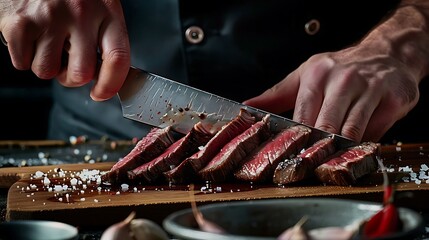 Wall Mural - chef hands Slicing juicy beef steak by knife , closeup. Food cooking concept. Dark black background copy space.