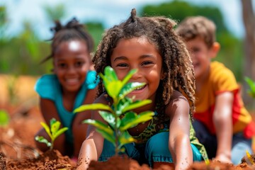 Sticker - a group of kids plant young plants at the garden in the dirt