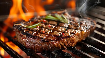 Wall Mural - Grilled beefsteak on a BBQ with fire, closeup, juicy, isolated