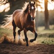AI generated illustration of a brown horse galloping in a grassy field with trees in the background