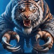 AI generated illustration of a tiger standing on hind legs with extended claws