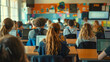 © Nemanja - Rearview of classroom full of students sitting at a table, working on their laptop notebooks. Computer technology education and studying, university college e-learning, high school teenagers knowledge