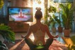 AI-generated illustration of a woman in lotus pose meditating in a living room