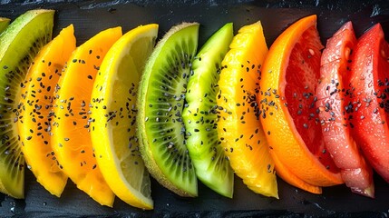 Sticker - AI generated illustration of a black tray with oranges, kiwis, and tomatoes