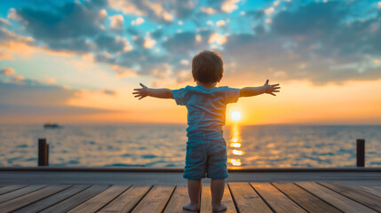 Rearview of a little toddler boy with spread arms walking on a wooden deck towards the sunset over the sea or ocean water. Child happiness, infant kid at summer holiday or vacation alone