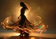 AI generated illustration of a woman twirling  in a long illuminated dress
