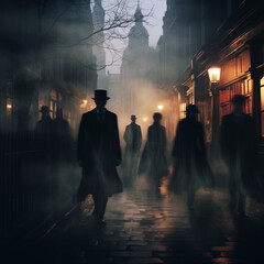 Wall Mural - AI generated illustration of Ghostly figures walking through a London street