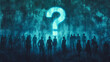 Illustration of a silhouette of a crowd of people standing in front of a blue glowing question mark symbol. Ask a question, search for solution to a problem together, large social community
