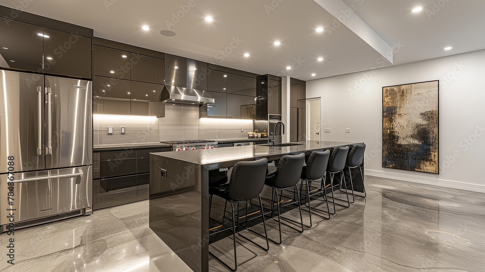 A modern kitchen with stainless steel appliances and a black granite ...