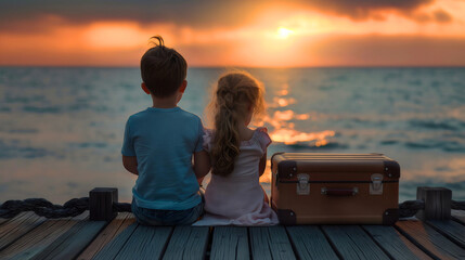 Wall Mural - Rearview of a little toddler boy and a girl sitting next to the vintage suitcase on a wooden deck, watching the sunset over sea or ocean. Son and daughter, brother and sister, childhood holiday