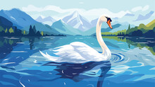 A Beautiful White Swan Is Swimming On The Lake 2d Flat