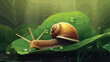 A brown snail in green leaves after the rain .. 2d