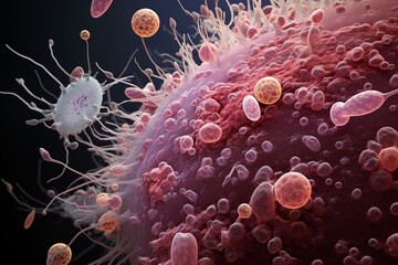 A high-resolution microscopic simulation depicting a human immune cell surrounded by various antibodies and pathogens.