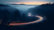 A foggy sunset valley, with car lights tracing bright paths on a winding road through dark pines, captured in ethereal 4k.