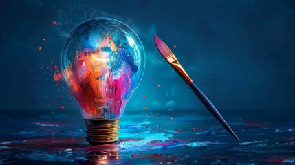 Wall Mural - Creativity and Design: A 3D vector illustration of a lightbulb with a paintbrush inside