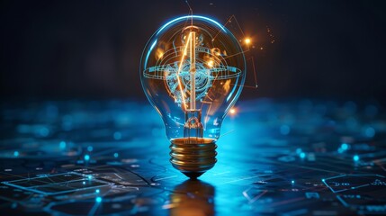 Wall Mural - Creativity and Design: A 3D vector illustration of a lightbulb with a compass and blueprint inside