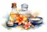 Fototapeta Do akwarium - Watercolor Drawing Of Spa Scented Oils With Candles