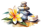 Fototapeta Do akwarium - Watercolor Drawing Of Spa Massage Stones With Flowers