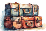 Fototapeta Do akwarium - Watercolor Drawing Of Vintage Suitcases On A White Background