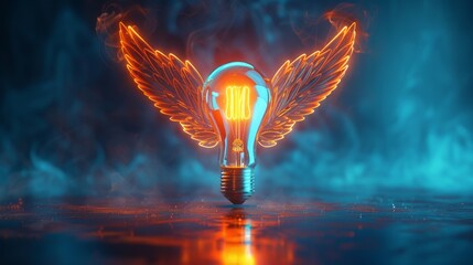 Wall Mural - Technology and Innovation: A 3D vector illustration of a lightbulb with wings