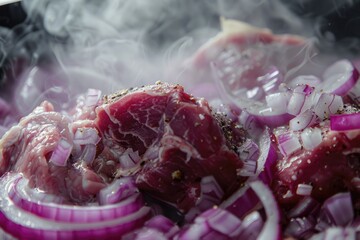 Wall Mural - Close up of meat and onions cooking in a frying pan. Great for food and cooking related projects