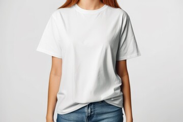 Wall Mural - A young woman in a white t shirt on a white background.